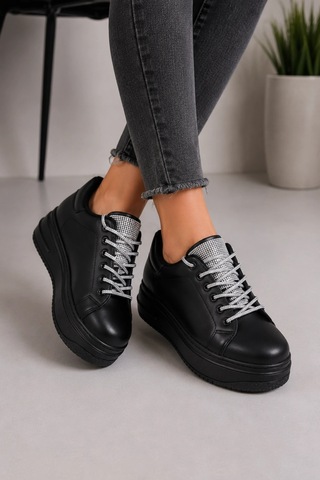 Mevese Luna Sim Detaylı Bağcıklı Kadın Günlük Sneaker Ayakkabı - Siyah