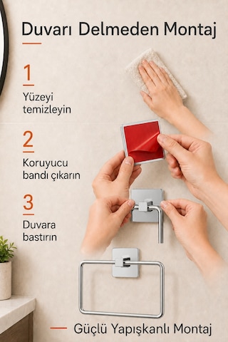 Kare Havluluk Yapışkanlı Delmesiz Matkapsız Metal Paslanmaz Çelik Banyo Askılığı El Havluluğu Krom