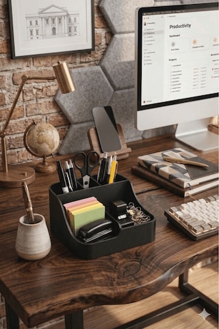 Masaüstü Ofis Düzenleyici Organizer - Çok Bölmeli Kalemlik Ve Notluk Kutusu - Siyah