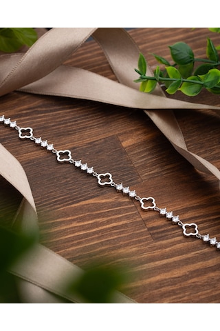 925 Ayar Rodyum Yonca Motifli Suyolu Gümüş Bileklik Gümüş - Rodyum