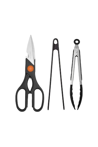 3 Lü Mutfak Seti Mutfak Makası + Silikon Kızartma Maşası 29 Cm + Silikon Uçlu Çelik Maşa 23 Cm Siyah