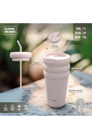 3 Bubble Two-cap Straw Tumbler Çelik Termos 600 Ml Lilac Hint St-245 Açık Bej