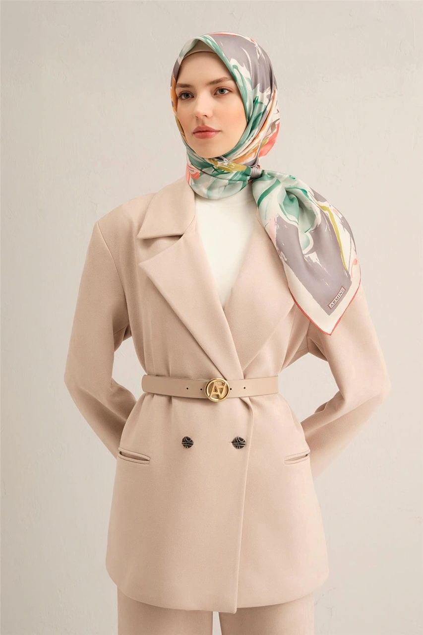 Armine Çiçek Desenli Saf İpek Twill Eşarp 9337d 01 Gri