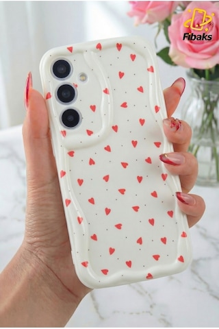 Galaxy Uyumlu A16 Kılıf Kamera Korumalı Dalga Kenarlı Kırmızı Kalp Desenli Silikon Kapak