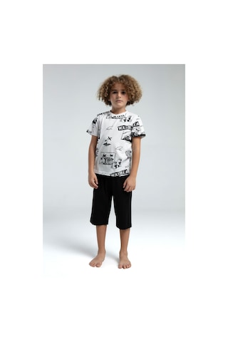 Roly Poly Premium Erkek Çocuk Desenli Pamuklu Regular Rahat Kesim Kısa Kol Kapri Pijama Takım Beyaz