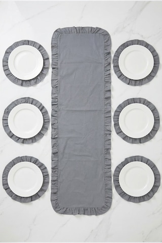 Yunusoğlu Home Fırfırlı Runner Ve Supla Takımı - Masa Örtüsü Takımı 7 Parça 150x50 Cm Füme