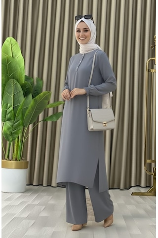 Tesettür İkili Takım Uzun Tunik Bol Paça Pantolon 4006-gri Gri