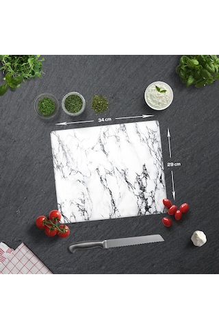Decorita Beyaz Mermer Görünümlü Cam Kesme Tablası 29 x 34 CM