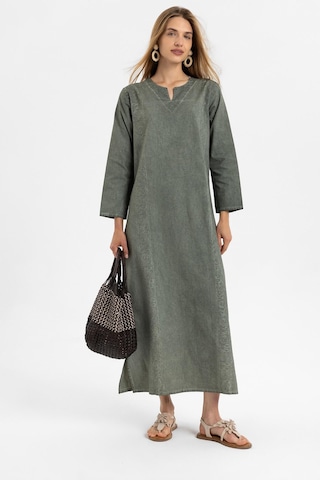 Haki İşlemeli Uzun Kollu Astarsız Pamuklu Uzun Elbise-hakı