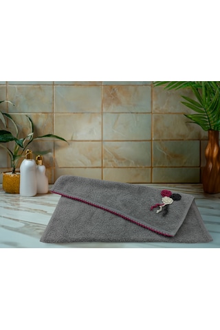 Çiçek Motifli, Kedi Tırnağı Oyalı, Yumuşak Dokulu Pamuk Havlu 50x90 Cm Gri