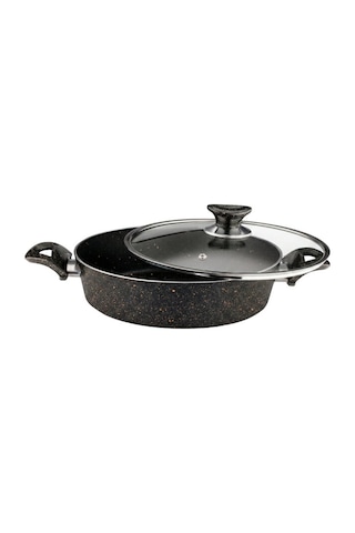 26 Cm Granit Karnıyarık & Pilav Tenceresi Cam Kapak - Siyah Siyah