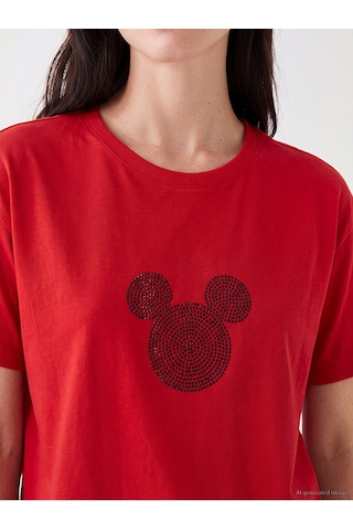 Lcw Comfort Kırmızı Mickey Mouse Baskılı %100 Pamuklu Kadın Tişört