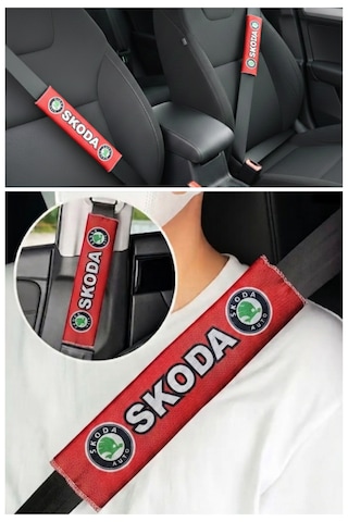 Skoda Araç Uyumlu Dijital Baskılı Kırmızı Emniyet Kemeri Kılıfı