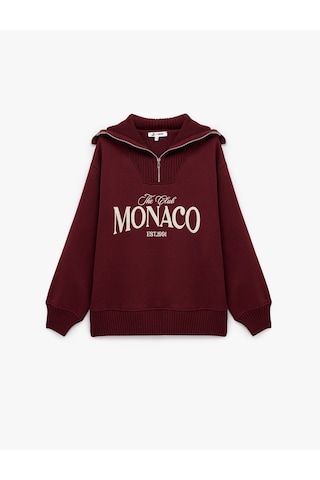 Koton Yarım Fermuarlı Pamuklu Rahat Kalıp Kolej Baskılı Sweatshirt Bordo 6wal10156ık Bordo