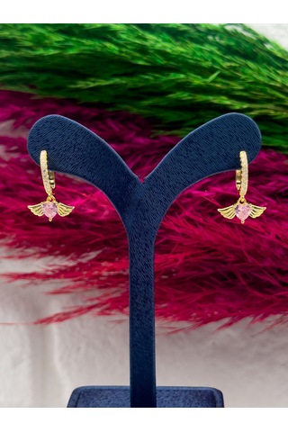 925 Ayar Gümüş Gold Renk Kalpli Pembe Kuvars Taşlı Melek Kanadı Modeli Lüks Kadın Küpe Gümüş