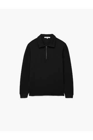 Koton Uzun Kollu Basic Dokulu Yarım Fermuarlı Polo Yaka Sweatshirt Siyah 6wam70023mk Siyah