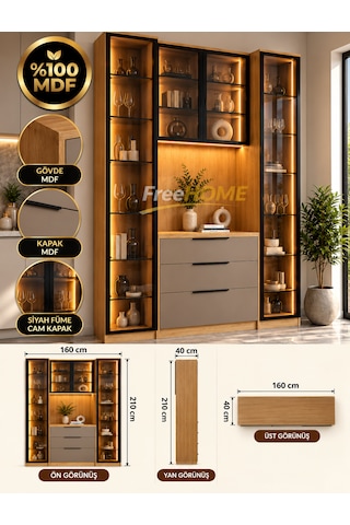 Freehome Doğa Kahve Köşesi Led'li Cam Kapaklı Mdf 160x210x40 Kum Beji