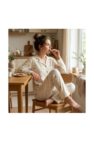 Pijamoni Kadın Premium Milan Kumaş Gömlek Yaka Uzun Kollu Pijama Takımı Desenli Sarı