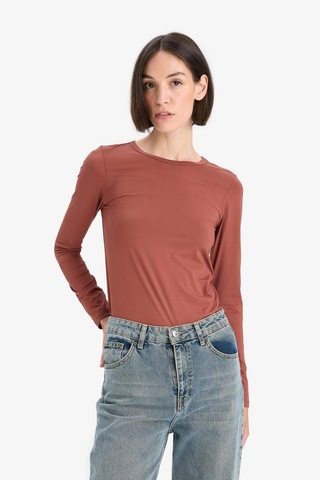 Defacto Slim Fit Dar Kesim Bisiklet Yaka Basic Düz Uzun Kollu Tişört D3756ax25aubr228 Bordo