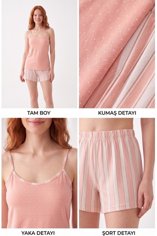 Seamlife Kadın Düğmesiz Bisiklet Yaka Likralı Viskon Yazlık İp Askılı Mini Şortlu Pijama Takımı Pembe
