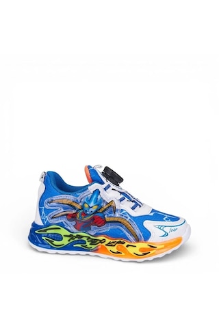 Zacoz Erkek Çocuk Akıllı Bağcıklı Ateş Desenli Spor Sneaker Ayakkabı Beyaz - Mavi