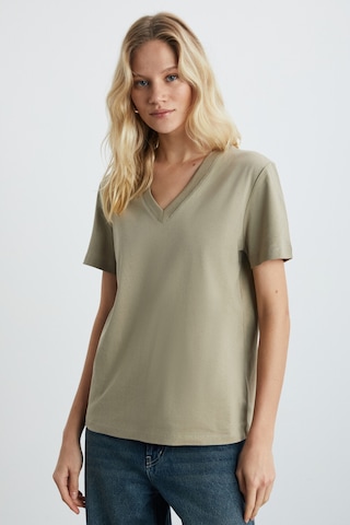 Grımelange Alıne Kadın %100 Organik Pamuk Derin V Yakalı Comfort Fit Bej T-shirt
