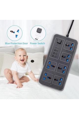 Pazly 6 Ac Soketli Güç Şeridi, 3 Usb + 1 Type-c, 6ft Uzatma Kablosu, Aşırı Gerilim Koruyucu, Siyah Eu Plug 1.8 M