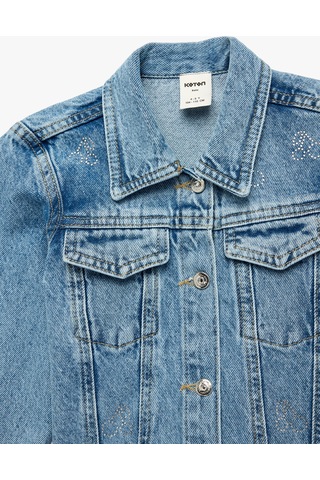 Koton Uzun Kollu Düğmeli Cepli Taş İşleme Detaylı Denim Ceket Orta İndigo 6smg60006ad