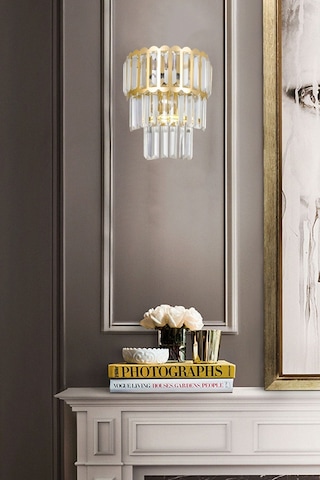 Lora Kristal Cam Taşlı Lüks Aplik - Sarı Yaldız Sarı Yaldız