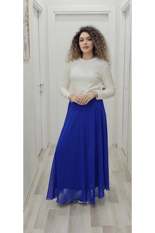 Bel Lastikli Kloş Şifon Etek 6003-saks Saks