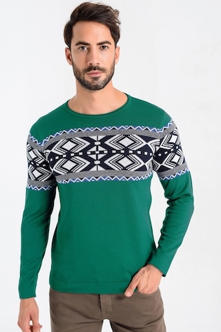 Heyss Bisiklet Yaka Desenli Yeşil Erkek Triko Kazak Yeşil