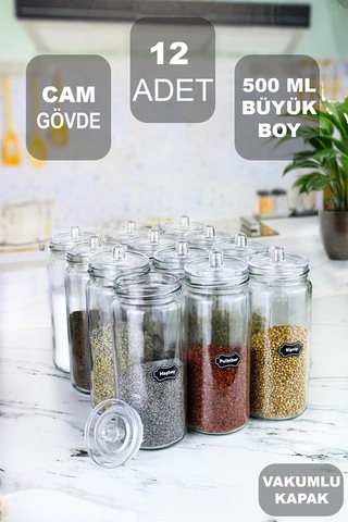 12 Adet Vakum Kapaklı Büyük Boy Cam Baharatlık Seti 500 Ml Çok Renkli