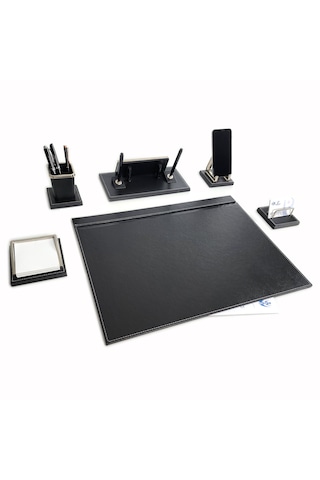 Melen Lüks Siyah Ahşap-deri Sümen Takımı Masa İsimlikli 6 Parça