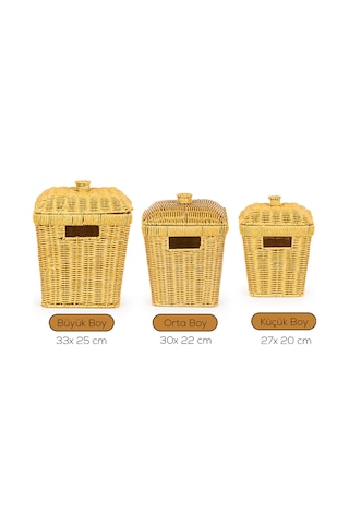 Porsima Pbt-919-2 3lü Hasır Sepet Kapaklı Bambu Sepet Seti Dekoratif Banyo Mutfak Düzenleyici Patates Soğan Sepeti Organizeri Ahşap