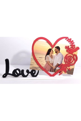 Love Tasarımlı Kalp Ve Gül Detaylı Fotoğraf Standı - Kişiye Özel Romantik Hediyelik Çerçeve