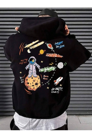 Altamira Erkek Siyah Sırt Uzay Baskılı Oversize Kapşonlu Sweatshirt 001