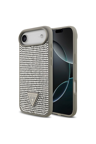 Apple Uyumlu iPhone 17 Air Kılıf Guess Lisanslı Taşlı Arka Yüzey Üçgen Logolu Kapak Gümüş