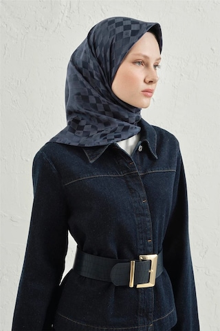 Armine Jakarlı İpek Pamuk Dama Eşarp - 4464 Lacivert