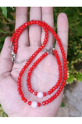 Kırmızı Kristal - Pembe Kuvars Doğal Taş Kolye Bileklik Kombin Çok Renkli