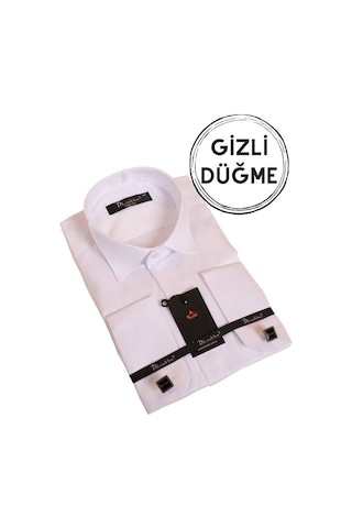 Dicotto Beyaz Gizli Düğmeli Damatlık Ata Yaka Kol Düğmeli Slim Fit Smokin Gömlek - 001 001