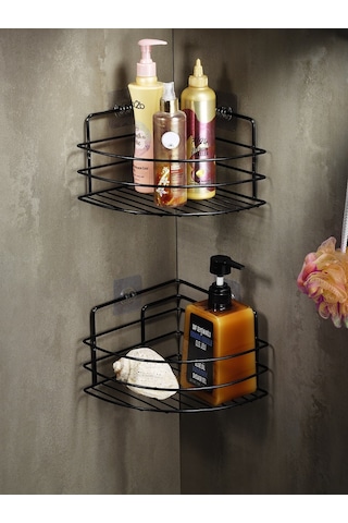 Ömür Boyu Paslanmaz Yapışkanlı Banyo Köşeliği Düzenleyici Şampuanlık Duş Rafı 2 Adet Siyah TK-01