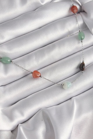 316l Çelik Gümüş Renk Zincir Renkli Doğaltaş Model Kadın Kolye Çok Renkli