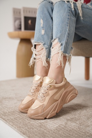 D383 Günlük Ortopedik Kadın Sneaker Spor Ayakkabı Bej