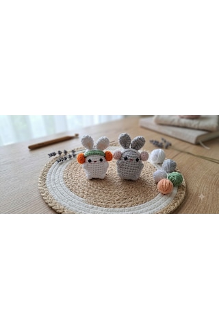 Tatlı Tavşan Anahtarlık-magnet Seti Beyaz - Gri