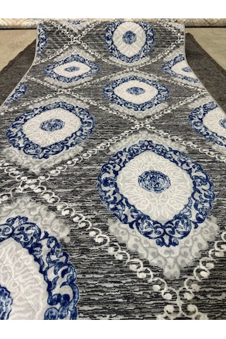Kabartmalı Halı Dokusunda Jel Kaymaz Taban Yıkanabilir Kesme Yolluk Üst Kalite Gri Mavi Modern Desen Gri - Mavi