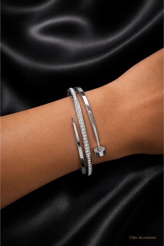 Stainless Steel Gümüş Taşlı Kelepçeli Çelik Bileklik