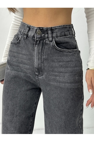 Kadın Bıyıklı Kar Yıkama Bol Paça Kot Pantolon Siyah