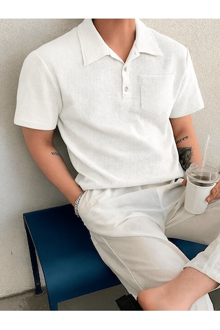 Genius Store Erkek Oversize Polo Yaka Waffle T-shirt Poloyaka-düğmeli Beyaz