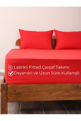 Kırmızı Lastikli Çarşaf Takımı Fitted Pamuklu Kumaş Yastık Kılıflı