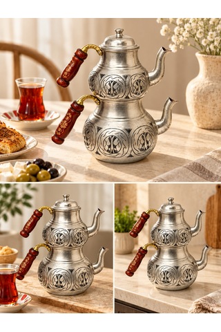 Aura Copper Ağır El İşlemeli Kalın Bakır Çaydanlık Takımı 1,2 Mm 27 Cm Gümüş Mat/ac-cy-030